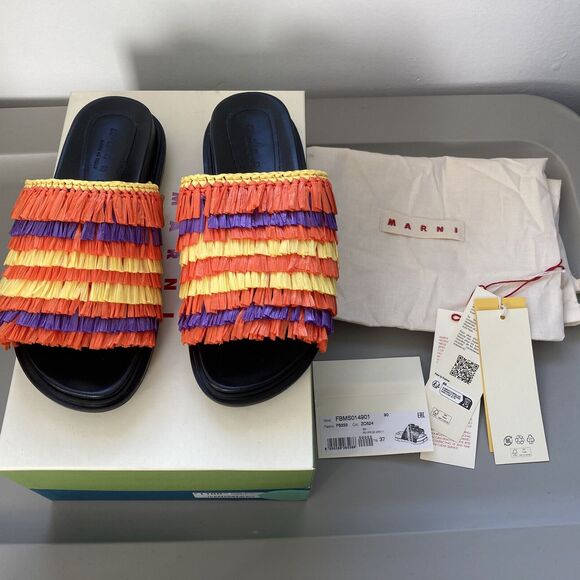 Marni Slides Orange & Yellow Crocheted Raffia Slides Fussbett Shoe Sz IT 37/US 7 - Picture 3 of 10